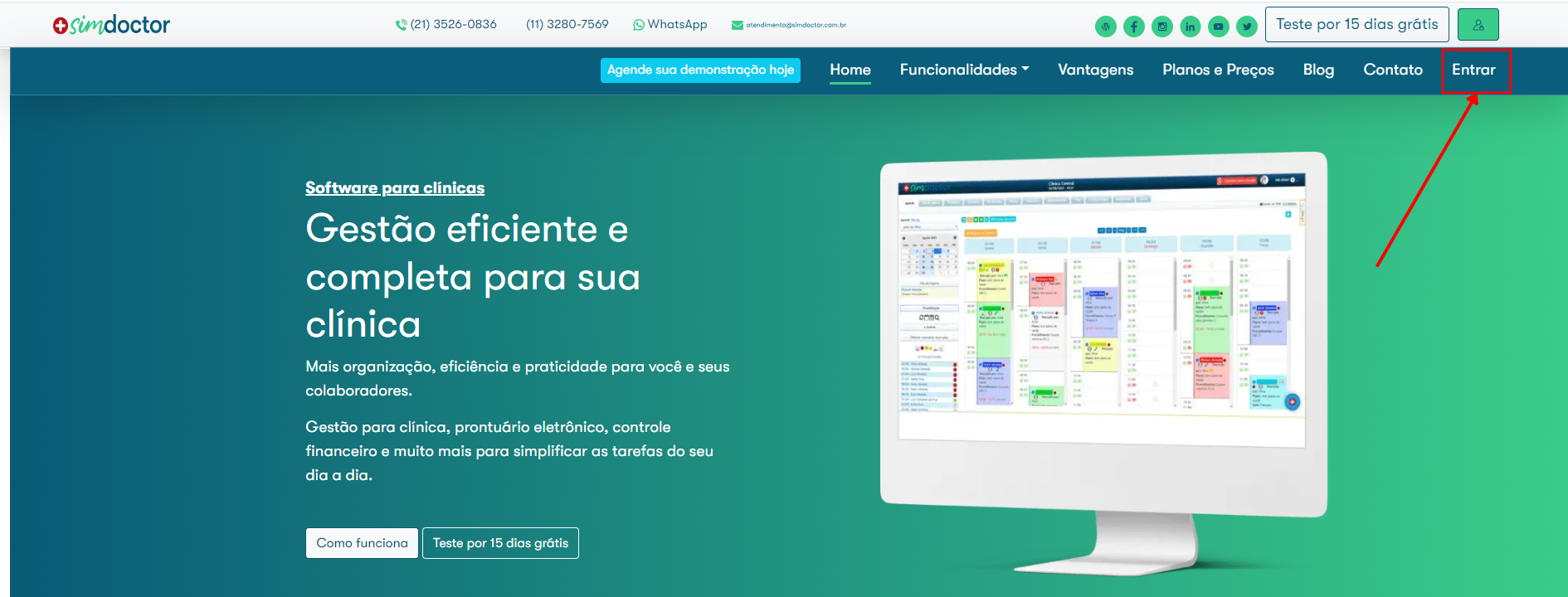 Captura de tela da página principal do site da SimDoctor, com retângulo indicando botão 'Entrar' e seta vermelha apontando para ele.