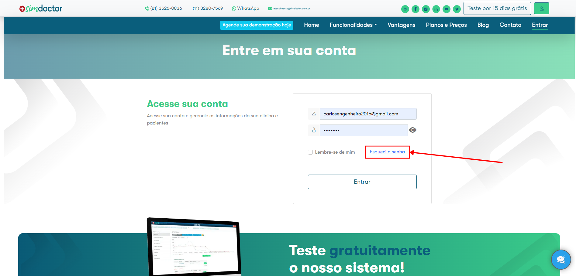 Seta e retângulo indicando hiperlink de redefinir senha.