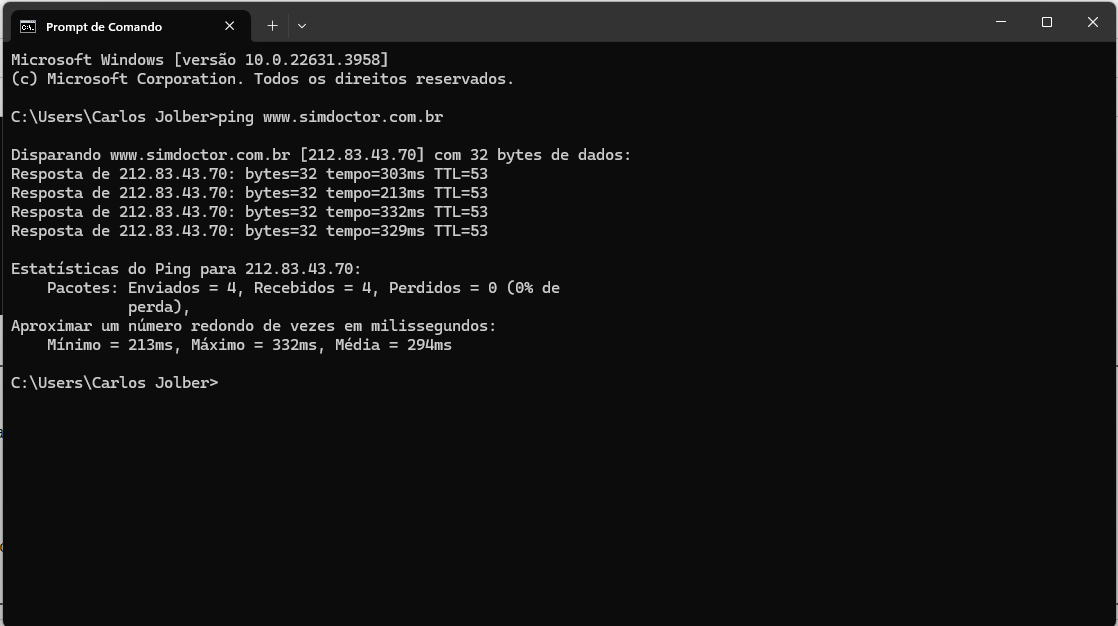 Resultados do comando de ping no Prompt de Comando. Média de tempo = 20ms.