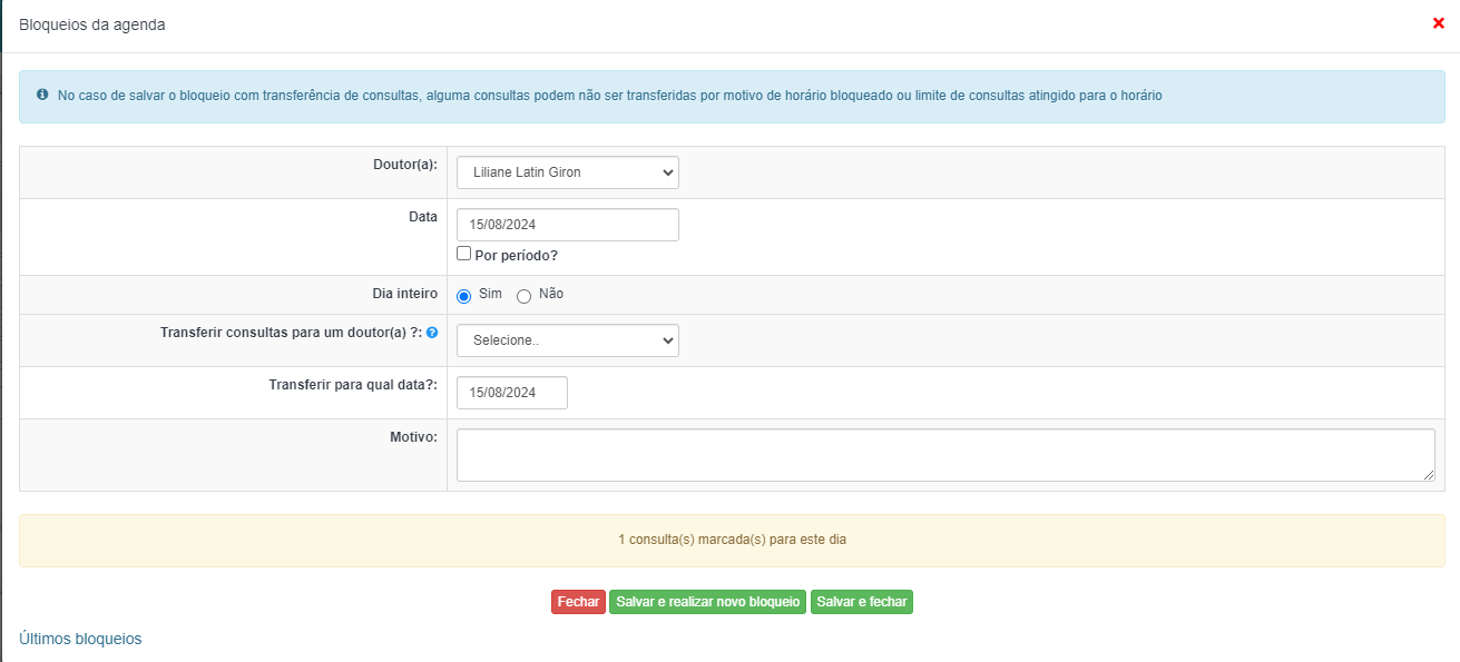 Janela 'Bloqueios de Agenda'.