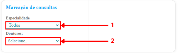 Campo de seleção de especialidade, médico e data da consulta.