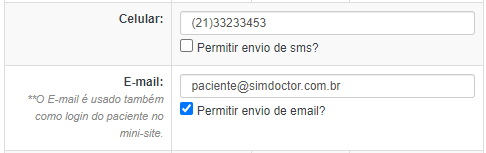 Campos de Celular e E-mail, e checkboxes de permissão de envio de SMS/Email.