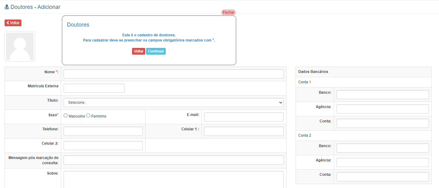 Seção 'Doutores - Adicionar' mostrada em parte.