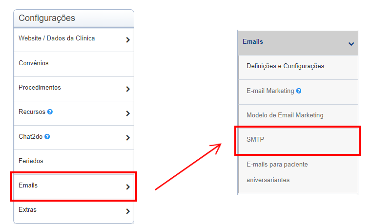 Orientações mostrando que botão 'SMTP' está dentro do submenu 'Emails' do menu lateral 'Configurações'.