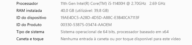 Dados do computador - informações do processador e da memória RAM destacados em vermelho.