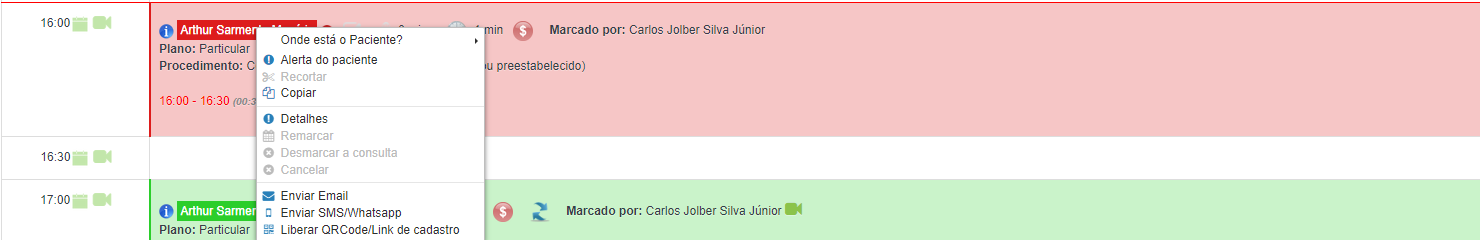 Consulta destacada da agenda, com mouse sobre o nome do paciente.