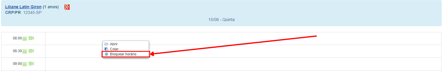 Opções do botão direito do mouse sobre um dos horários disponíveis da Agenda.