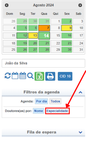 Caixa branca com opções de 'Agenda' e 'Doutores(as) por:' para mudar visualização da agenda, e caixa de opções de doutores, onde a opção atual é 'Neurologia - João da Silva'.