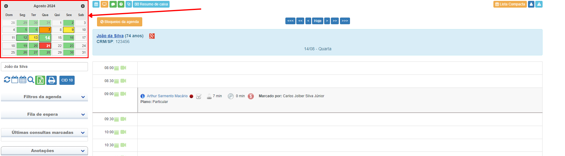 Localização do calendário na aba Agenda, destacado em retângulo vermelho.