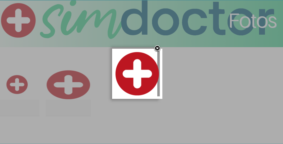 Foto da logo da SimDoctor selecionada na seção 'Fotos' do website integrado de exemplo.