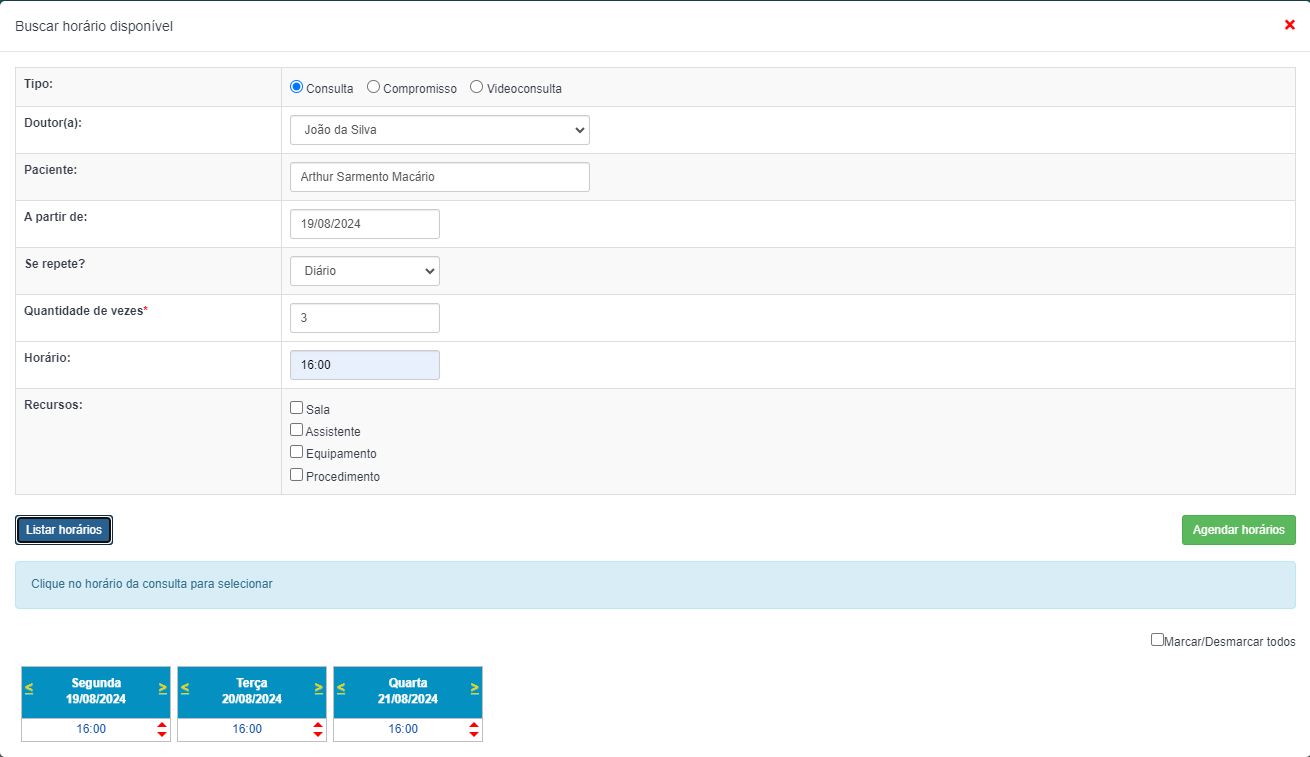 Horários a selecionar para agendar as consultas.