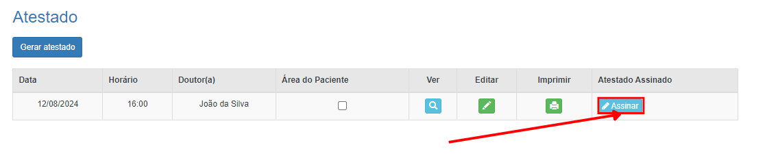 Lista de atestados com botões 'Assinar' destacados em vermelho.