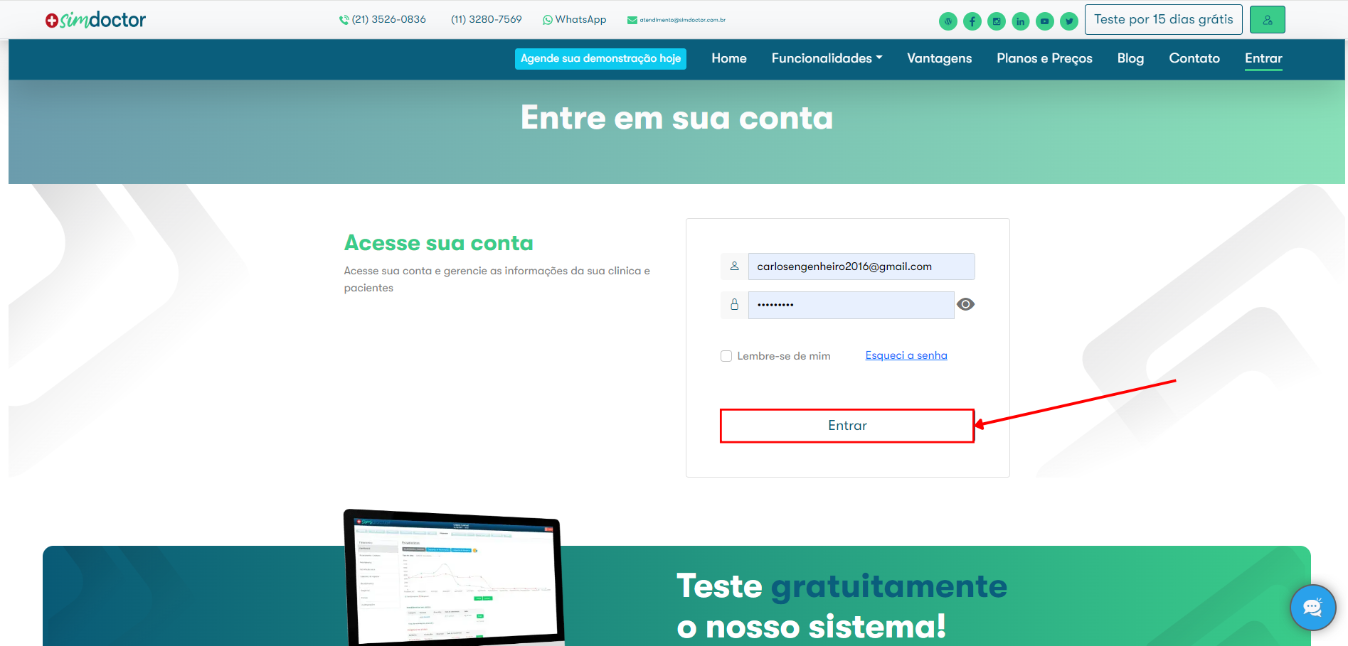 Recorte da página de login, com retângulo vermelho contornando a região de login e senha e seta vermelha orientando para a região de login também.