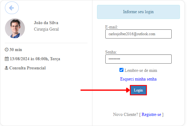 Janela de login no website integrado.