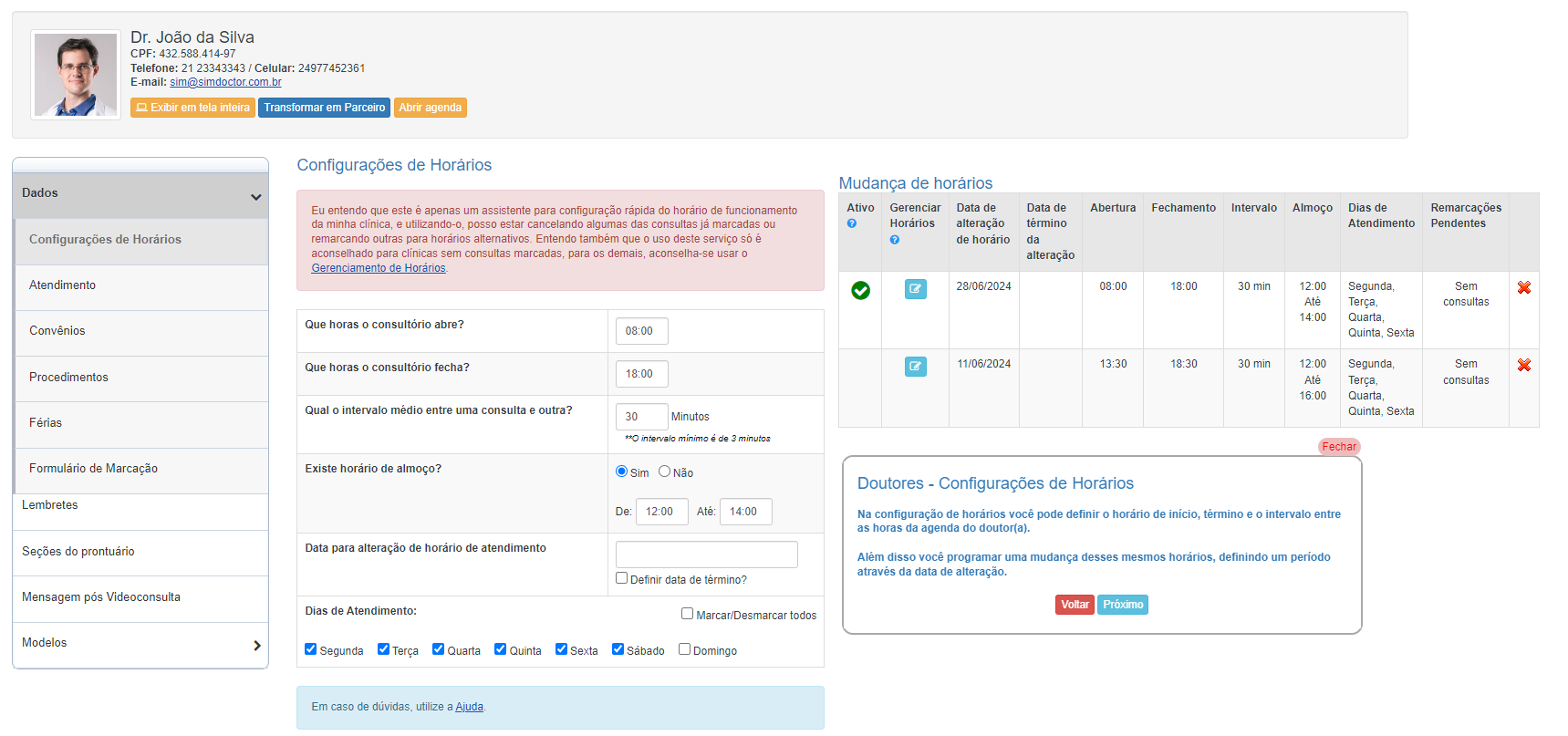 Seção 'Configurações de Horários' do Dr. João da Silva.
