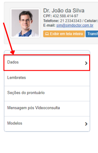 Menu 'Dados' destacado em vermelho na área de informações do doutor.